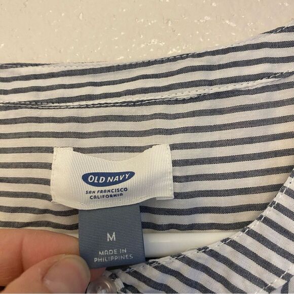 Old Navy Blue pin Stripe sleeveless Shirt Dress ruffle old money coastal Beach M - Picture 11 of 11